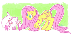 Size: 3508x1691 | Tagged: safe, artist:zibby-doodles, fluttershy, incubator (species), pegasus, pony, colored pupils, crossover, emiri katou, kyubey, kyubeyshy, puella magi madoka magica, voice actor joke