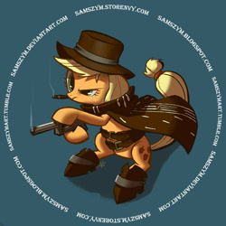 Size: 600x600 | Tagged: safe, artist:samszym, applejack, earth pony, pony, bipedal, boots, cape, cigar, clothes, cowgirl, female, gun, hat, mare, pistol, revolver, smoke, smoking, wild west