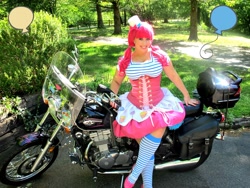 Size: 2640x1980 | Tagged: safe, artist:bewitchedraven, pinkie pie, human, clothes, cosplay, irl, irl human, motorcycle, photo, socks, solo, striped socks