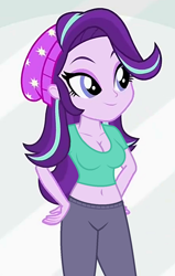 Size: 446x700 | Tagged: safe, edit, edited screencap, editor:ah96, screencap, starlight glimmer, equestria girls, mirror magic, spoiler:eqg specials, beanie, belly button, breast edit, breasts, cleavage, clothes, cropped, female, hat, midriff, short shirt, solo, starlight jiggler