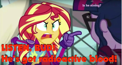 Size: 1280x687 | Tagged: safe, edit, edited screencap, screencap, sci-twi, sunset shimmer, twilight sparkle, equestria girls, friendship games, angry, image macro, meme, pointing, song reference, spider-man, sunset yells at twilight