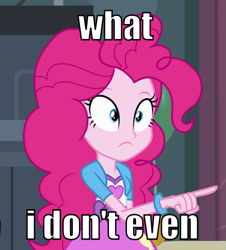Size: 543x600 | Tagged: safe, edit, edited screencap, screencap, pinkie pie, equestria girls, equestria girls (movie), cropped, image macro, meme, pointing, reaction image, solo, wat