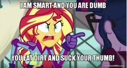 Size: 800x429 | Tagged: safe, edit, edited screencap, screencap, sci-twi, sunset shimmer, twilight sparkle, equestria girls, friendship games, caption, dave the barbarian, image macro, meme, sunset yells at twilight