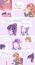 Size: 645x1200 | Tagged: safe, artist:yuck, sci-twi, starlight glimmer, sunset satan, sunset shimmer, twilight sparkle, equestria girls, beanie, blushing, comic, computer, dialogue, female, glasses, hat, laptop computer, pink background, simple background, starry eyes, wingding eyes