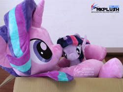 Size: 5488x4112 | Tagged: safe, artist:nekokevin, starlight glimmer, twilight sparkle, twilight sparkle (alicorn), alicorn, pony, unicorn, series:nekokevin's glimmy, absurd resolution, box, female, irl, mare, photo, plushie, size difference, smiling, spread wings, starlight's little twibird, wings