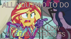 Size: 700x393 | Tagged: safe, edit, edited screencap, screencap, sci-twi, sunset shimmer, twilight sparkle, equestria girls, friendship games, caption, engrish, follow the damn train, grand theft auto, gta san andreas, meme, sunset yells at twilight