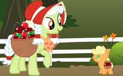 Size: 3200x2000 | Tagged: safe, artist:beavernator, applejack, granny smith, earth pony, pony, apple, baby, baby pony, babyjack, basket, bonnet, cute, duo, female, foal, grandmother and grandchild, jackabetes, vector, young granny smith, younger