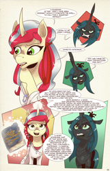 Size: 1253x1950 | Tagged: safe, artist:saturdaymorningproj, queen chrysalis, oc, oc:himecchi shinku, changeling, changeling queen, pony, unicorn, comic:i await a guardian, comic, dialogue, digital art, female, harry potter, harry potter and the prisoner of azkaban, mare, speech bubble