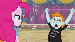 Size: 1920x1080 | Tagged: safe, edit, edited screencap, screencap, pinkie pie, snips, equestria girls, equestria girls (movie), charlie don't surf, duo, implications, snips shirt, text, wrong just wrong