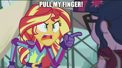 Size: 888x499 | Tagged: safe, edit, edited screencap, screencap, sci-twi, sunset shimmer, twilight sparkle, equestria girls, friendship games, caption, image macro, meme, pull my finger, sunset yells at twilight