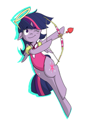 Size: 1280x1781 | Tagged: safe, artist:workingpie, derpibooru import, twilight sparkle, twilight sparkle (alicorn), alicorn, pony, arrow, bow (weapon), bow and arrow, clothes, costume, cupid, female, flying, halo, leotard, mare, smiling, weapon, wink