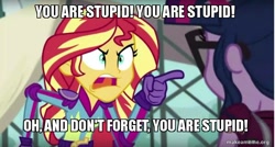 Size: 800x429 | Tagged: safe, edit, edited screencap, screencap, sci-twi, sunset shimmer, twilight sparkle, equestria girls, friendship games, caption, cartoon network, dexter's laboratory, image macro, meme, sunset yells at twilight