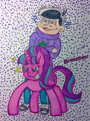 Size: 945x1280 | Tagged: safe, artist:hatsukoiart, starlight glimmer, human, pony, unicorn, crossover, grin, ichimatsu, osomatsu-san, smiling, traditional art