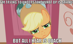 Size: 769x461 | Tagged: safe, applejack, earth pony, pony, female, image macro, mare, op, op is a cuck