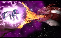 Size: 1680x1050 | Tagged: safe, artist:hereticofdune, derpibooru import, twilight sparkle, dragon, force field, magic, space