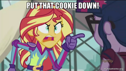 Size: 800x450 | Tagged: safe, edit, edited screencap, screencap, sci-twi, sunset shimmer, twilight sparkle, equestria girls, friendship games, arnold schwarzenegger, caption, image macro, jingle all the way, meme, sunset yells at twilight