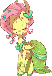 Size: 561x816 | Tagged: safe, artist:tweissie, fluttershy, pegasus, pony, clothes, dress, gala dress, simple background, solo, thick eyebrows, transparent background