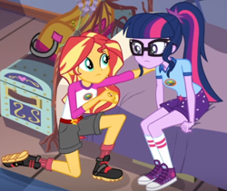 Size: 550x465 | Tagged: safe, screencap, sci-twi, sunset shimmer, twilight sparkle, equestria girls, legend of everfree, clothes, converse, ponytail, shoes, sneakers