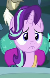 Size: 289x448 | Tagged: safe, screencap, discord, starlight glimmer, thorax, pony, unicorn, to where and back again, :c, cropped, female, frown, mare, sad, solo focus