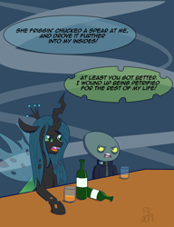 Size: 1500x1950 | Tagged: safe, artist:feralroku, queen chrysalis, changeling, changeling queen, the ending of the end, alcohol, bar, bottle, crossover, dialogue, final space, glass, lord commander (final space), speech bubble