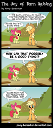 Size: 2500x5956 | Tagged: safe, artist:pony-berserker, apple bloom, applejack, earth pony, pony, comic:the joy of barn raising, apple family reunion, barn, comic, destroyed, dialogue, duo, duo female, english, eyes closed, female, filly, happy, humor, inkscape, mare, open mouth, outdoors, plank, raised hoof, realisation, smiling, speech bubble, standing, startled, talking, vector, wide eyes, yelling