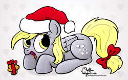 Size: 2134x1336 | Tagged: safe, artist:muffinexplosion, derpy hooves, pegasus, pony, female, hat, mare, muffin, santa hat, solo, tail bow, underp