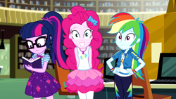 Size: 1280x720 | Tagged: safe, derpibooru import, screencap, pinkie pie, rainbow dash, sci-twi, twilight sparkle, best trends forever, better together, equestria girls, book, clothes, cute, diapinkes, female, geode of sugar bombs, geode of super speed, geode of telekinesis, glasses, hairband, looking at you, magical geodes, pants, pantyhose, ponytail, skirt, trio, trio female