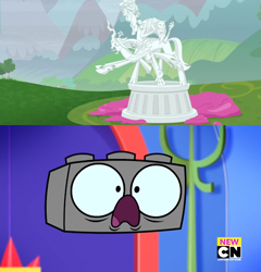 Size: 630x656 | Tagged: safe, edit, edited screencap, screencap, cozy glow, lord tirek, queen chrysalis, changeling, changeling queen, pegasus, pony, the ending of the end, crossover, legion of doom statue, lego, meme, petrification, richard, shocked, unikitty! (tv series)