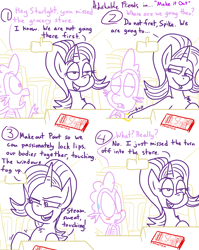 Size: 1280x1611 | Tagged: safe, artist:adorkabletwilightandfriends, spike, starlight glimmer, dragon, pony, comic:adorkable twilight and friends, adorkable friends, blushing, car, chest fluff, comic, dialogue, flirting, implied sparlight, lidded eyes, lineart, map, slice of life, smiling, sweat, teasing, volvo