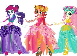 Size: 750x545 | Tagged: safe, fluttershy, rarity, sunset shimmer, equestria girls, legend of everfree, clothes, concept art, dress, gala dress, high heels