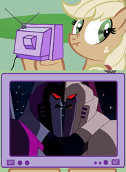 Size: 563x771 | Tagged: safe, applejack, earth pony, pony, exploitable meme, liar face, liarjack, ramjet, scrunchy face, starscream, transformers, transformers animated, tv meme