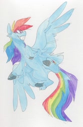 Size: 845x1280 | Tagged: safe, artist:idefix, derpibooru import, rainbow dash, pegasus, pony, cutie mark, female, flying, grin, looking at you, simple background, smiling, solo, unshorn fetlocks, wings