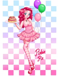 Size: 1395x1827 | Tagged: safe, artist:nekomeizumi, pinkie pie, balloon, cake, clothes, crossed legs, humanized, necklace, solo, stockings