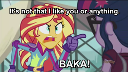 Size: 1113x626 | Tagged: safe, edit, edited screencap, screencap, sci-twi, sunset shimmer, twilight sparkle, equestria girls, baka, caption, image macro, implied sunsetsparkle, meme, sunset yells at twilight, tsundere, tsunset shimmer