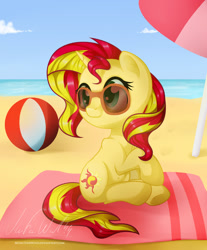 Size: 1024x1237 | Tagged: safe, artist:musicfirewind, sunset shimmer, pony, beach, beach ball, blanket, solo, sunglasses, umbrella