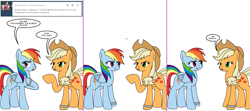 Size: 1808x800 | Tagged: safe, artist:dekomaru, derpibooru import, applejack, rainbow dash, earth pony, pegasus, pony, appledash, ask, female, lesbian, shipping, tumblr, tumblr:ask twixie