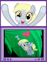 Size: 583x773 | Tagged: safe, derpy hooves, pegasus, pony, apparel, clothes, exploitable meme, female, mare, meme, photo, t-shirt, tv meme, want