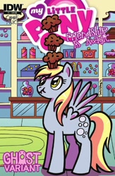 Size: 903x1388 | Tagged: safe, idw, derpy hooves, pegasus, pony, collectible, comic, female, ghost variant, mare, muffin, scrunchy face, solo, variant