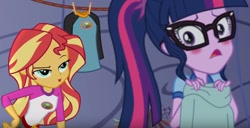 Size: 853x438 | Tagged: safe, screencap, sci-twi, sunset shimmer, twilight sparkle, equestria girls, legend of everfree, out of context, ponytail