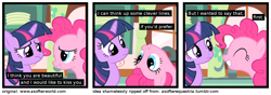 Size: 1200x420 | Tagged: safe, derpibooru import, edit, edited screencap, screencap, pinkie pie, twilight sparkle, earth pony, pony, a softer world, female, lesbian, screencap comic, shipping, twinkie