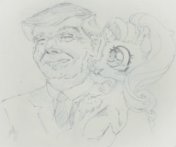 Size: 1000x836 | Tagged: safe, artist:jericoanon, starlight glimmer, human, pony, unicorn, chest fluff, donald trump, grayscale, monochrome, tongue out, traditional art