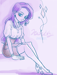 Size: 500x650 | Tagged: safe, artist:mirululu, rarity, human, clothes, high heels, humanized, needle, shoes, sitting, skirt, solo, tube skirt