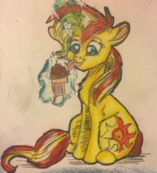 Size: 2400x2641 | Tagged: safe, artist:snowfoxythefox, sunset shimmer, pony, unicorn, colored, colored pencil drawing, colored sketch, cute, floppy ears, food, glowing horn, ice cream, licking, magic, pencil, pencil drawing, shimmerbetes, sitting, solo, sparkles, telekinesis, tongue out, traditional art