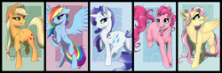 Size: 5300x1767 | Tagged: safe, artist:probablyfakeblonde, derpibooru import, applejack, fluttershy, pinkie pie, rainbow dash, rarity, earth pony, pegasus, pony, unicorn, raised hoof, simple background