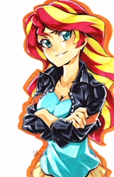 Size: 3273x5093 | Tagged: safe, artist:rustyartist, sunset shimmer, equestria girls, absurd resolution, breasts, cleavage, clothes, crossed arms, female, jacket, leather jacket, solo, traditional art