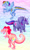 Size: 1800x3000 | Tagged: safe, artist:mermaid-kalo, derpibooru import, pinkie pie, rainbow dash, twilight sparkle, dinosaur, tyrannosaurus rex, velociraptor, :t, abstract background, eating, flower, frown, glare, gradient background, grumpy, looking back, looking up, open mouth, pinkiesaurous rex, puffy cheeks, raised leg, sharp teeth, smiling, smirk, species swap, spread wings, teeth, triceratops, twiceratops, unamused, velocirainbow, wings