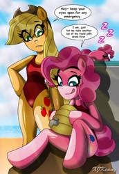 Size: 550x801 | Tagged: safe, artist:xjkenny, applejack, pinkie pie, anthro, unguligrade anthro, arm hooves, beach, pinkie bank, zzz