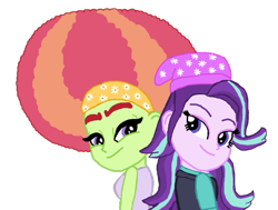 Size: 1029x776 | Tagged: safe, artist:ktd1993, starlight glimmer, tree hugger, equestria girls, afro, beanie, clothes, equestria girls-ified, female, hat, lesbian, shipping, starhugger