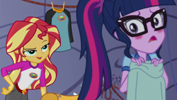 Size: 1280x720 | Tagged: safe, screencap, sci-twi, sunset shimmer, twilight sparkle, equestria girls, legend of everfree, blushing, lidded eyes, ponytail