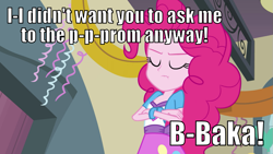 Size: 1067x600 | Tagged: safe, edit, edited screencap, screencap, pinkie pie, equestria girls, equestria girls (movie), baka, eyes closed, image macro, lip bite, solo, tsundere